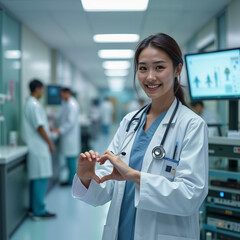 Cheerful female doctor forms a heart shape with her hands in a modern hospital, symbolizing compassion in medical research. For healthcare marketing, scientific articles, and patient care promotions