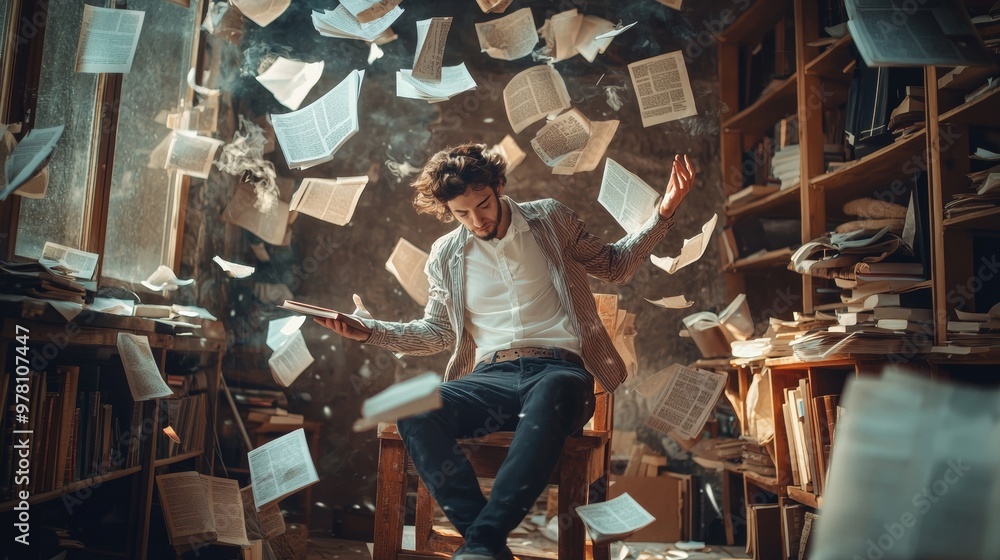 Poster man surrounded by floating books in vintage library setting