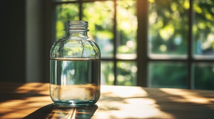 A close-up of a transparent glass bottle filled with clear water, resting on a wooden table by a window with sunlight streaming in, casting reflections.