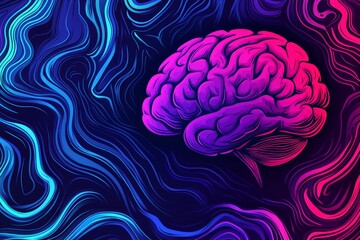 Obraz premium Vibrant pink and blue abstract brain illustration with intricate wavy lines representing dynamic neural activity cognitive flow and the vibrancy of human thought in a digital landscape