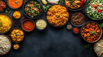 A top-down view of a global selection of popular meals arranged neatly with empty areas for promotional text, ideal for menu advertising