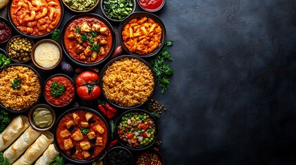 A top-down view of a global selection of popular meals arranged neatly with empty areas for promotional text, ideal for menu advertising