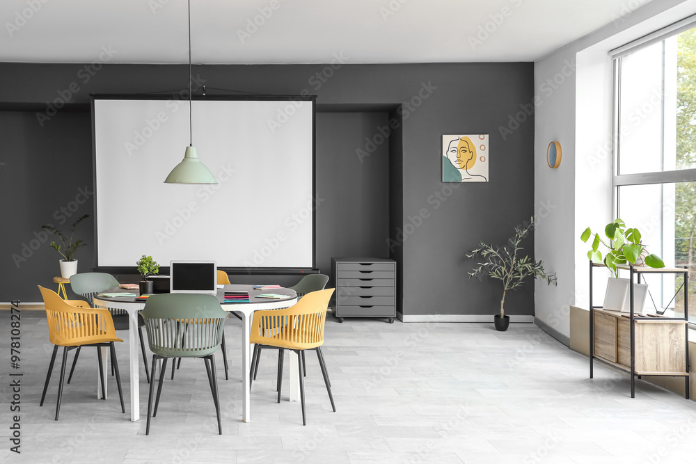 Poster Interior of conference room with table and projector screen