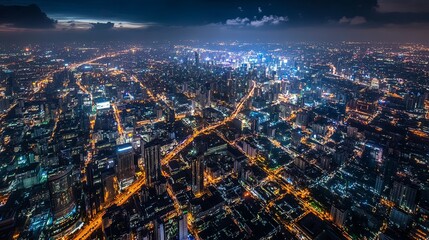 Aerial View of a Bustling City at Night with Illuminated Urban Landscape, Highlighting a Vibrant Network of Streets, Skyscrapers, and Dynamic Energy Flow. 