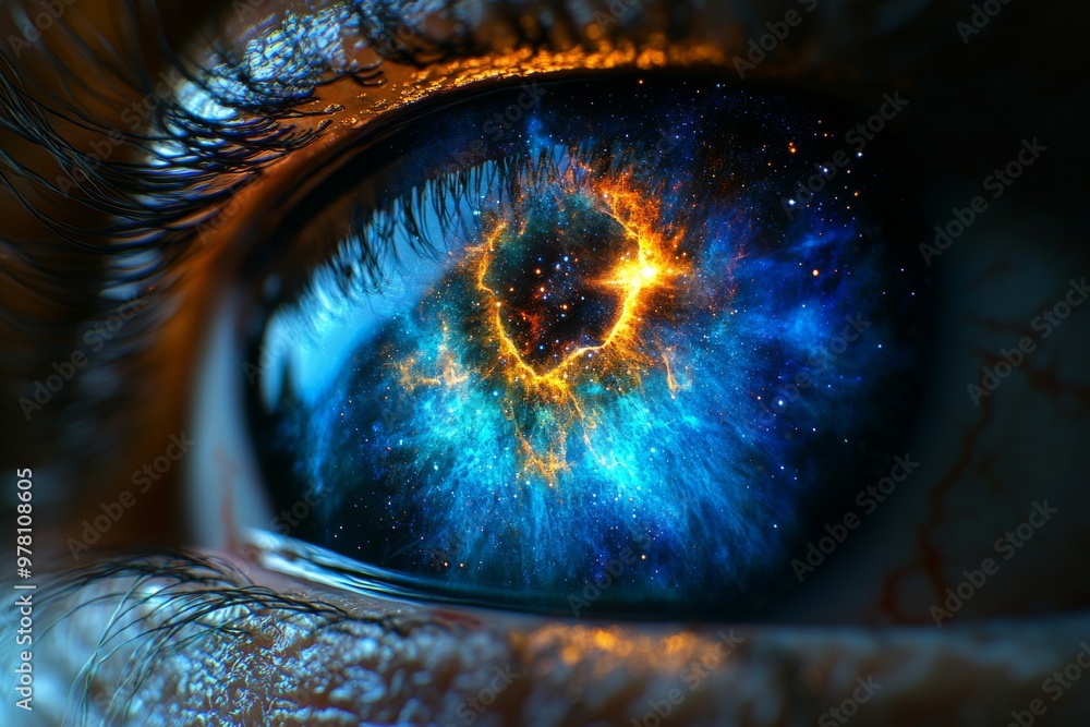 Poster Macro shot of a human eye with an exploding galaxy reflected in the pupil symbolizing the connection between the mind cosmic exploration and the infinite universe of thought