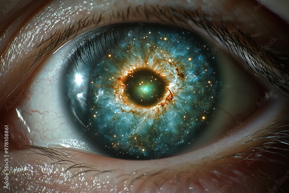 Poster macro image of a human eye with a swirling galaxy reflected in the iris symbolizing the connection b