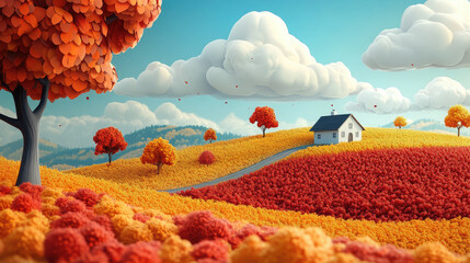 3d cartoon illustration of autumn rural landscape, road between meadows, country house, fall, season, hills, fields, nature, orange leaves, yellow grass, sky, beautiful view, wallpaper, background