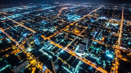 Obraz premium Aerial View of a Bustling City at Night with Illuminated Urban Landscape, Highlighting a Vibrant Network of Streets, Skyscrapers, and Dynamic Energy Flow. 