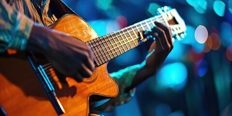 Obraz premium Passionate Performer: A musician playing a guitar, lost in the music onstage.