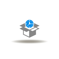 Vector illustration of open cardboard packaging box and clock. Symbol of after sales service.