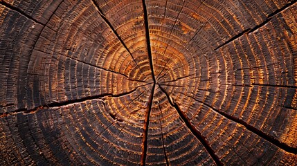 Fototapeta premium Close-up of a textured wooden log showcasing intricate growth rings and a rich brown color.
