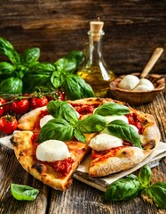 Rustic Wood-Fired Pizza with Fresh Basil and Mozzarella Cheese