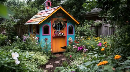 Fototapeta premium A colorful DIY chicken coop with creative decorations, blending into a backyard garden filled with blooming flowers.