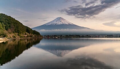Sacred Mount Fuji Reflected in the Calm Waters of Lake Kawaguchi