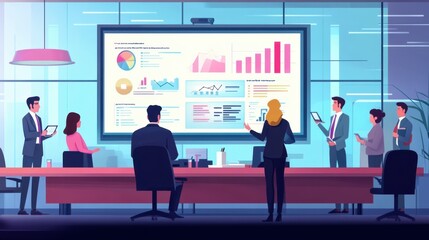 A corporate team presenting a business strategy in a boardroom, with a large presentation screen in the background.