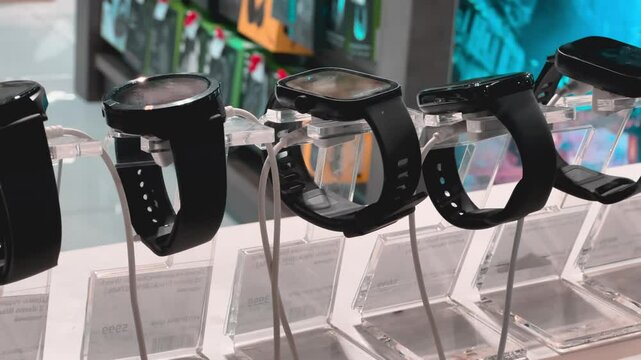 Latest Smartwatch Models on Display: Close-up of Cutting-Edge Wearable Tech in Electronics Store | Rows of Innovative Digital Timepieces Showcasing Modern Features and Sleek Designs