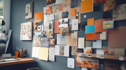 A creative mood board pinned to a wall, featuring graphic design inspirations, color swatches, and typography samples.