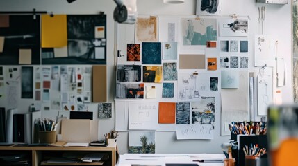 A creative mood board pinned to a wall, featuring graphic design inspirations, color swatches, and typography samples.