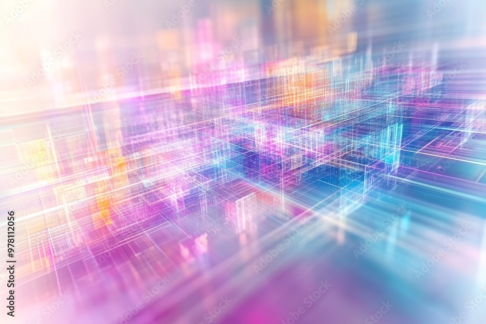 Poster abstract digital art representing futuristic data flow and connectivity in a neon lit matrix symboli