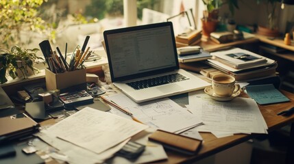 A desk covered with planning documents, laptops, and office supplies, with a cup of coffee adding a personal touch to the workspace.