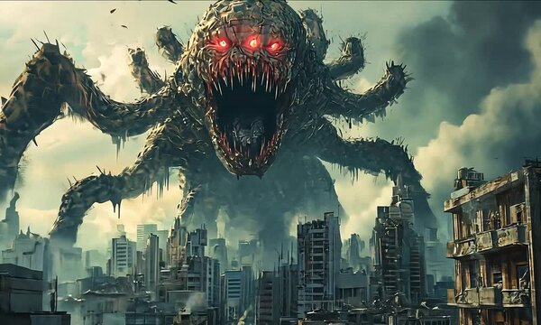 Giant monster attacking post-apocalyptic city skyline with ai generated.
