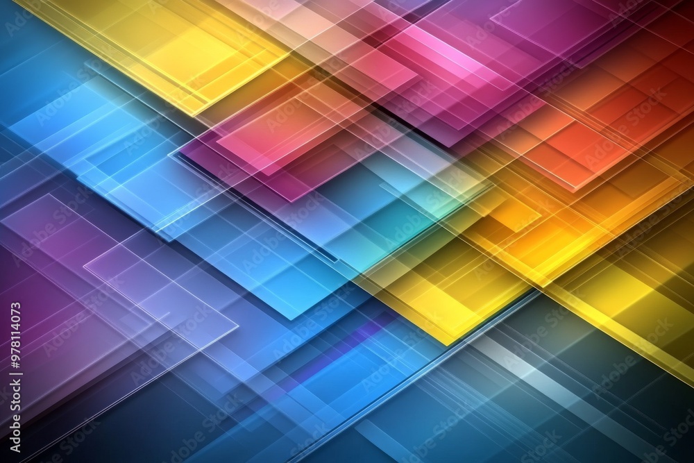 Poster overlapping geometric layers in blue yellow and pink tones illustrating the dynamic interplay of sha