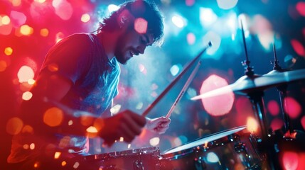 A drummer in a live rock band concert, captured in action with sticks in motion and vibrant stage lights.