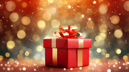 red gift box on golden bokeh background with glitters and stars, copy space.
