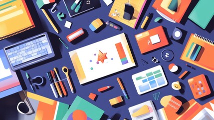 A flat lay of colorful graphic design elements, including vector illustrations and logo sketches, spread across a desk.