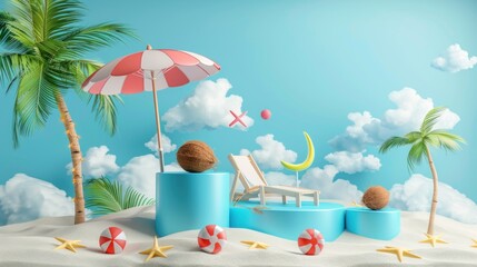 On a cloud and sky blue background, a summer sale, coconut trees, piles of sand, beach umbrellas, beach chairs, beach balls