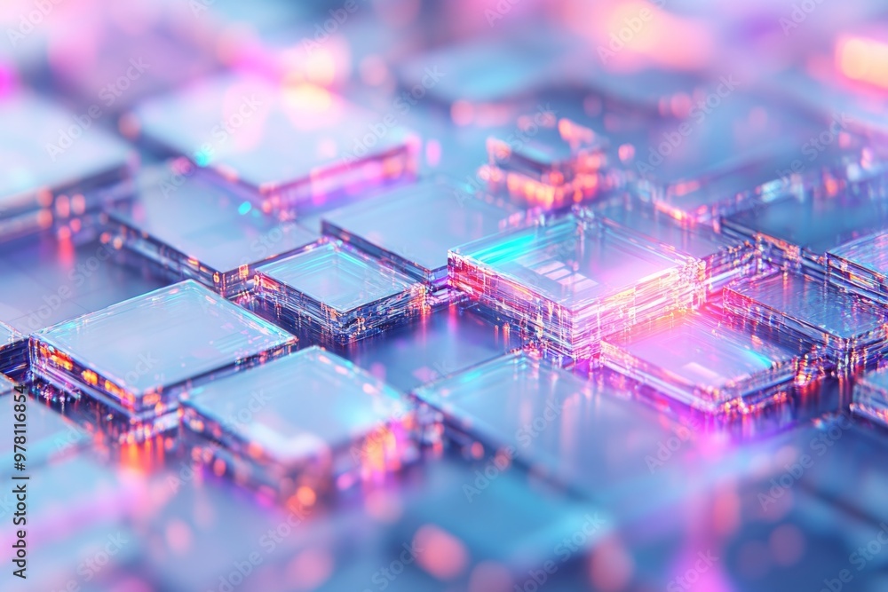 Poster abstract digital visualization of interconnected microchips in a neon lit grid illustrating the comp