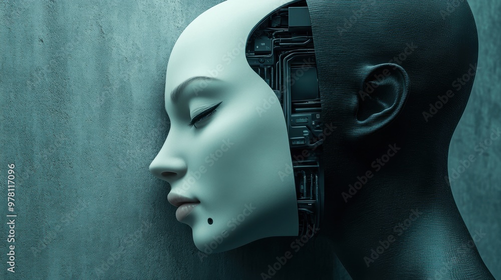 Aufkleber a robot head with a face made of electronics and wires, ai
