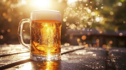 A frosty mug of beer filled with ice-cold liquid, sitting on an outdoor table with the sun shining brightly overhead.