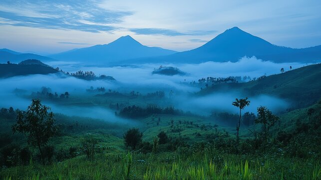 Ethereal mist rolling over the Virunga Mountains, home to mountain gorillas