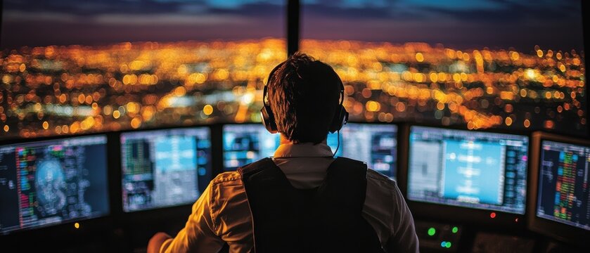 Air traffic controllers managing multiple flights on radar screens
