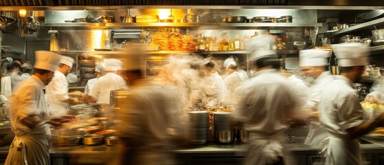 Chefs in motion in a busy restaurant kitchen during dinner rush