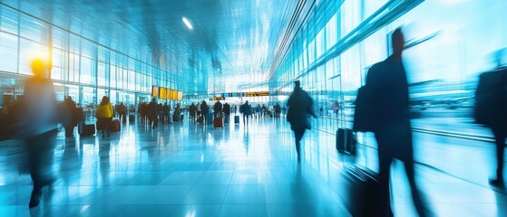 Busy airport terminal with travelers and luggage in motion blur