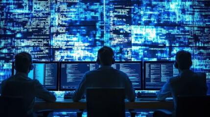 IT professionals responding to a cyber attack, screens filled with code
