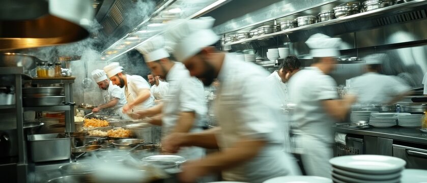 Chefs in motion in a busy restaurant kitchen during dinner rush