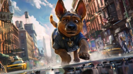 Exciting Urban Chase with a Dog Wearing a Police Uniform, Sniffing Out Clues and Apprehending Criminals in a High-Energy Crime Scene