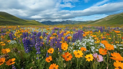 Fototapeta premium Wildflower meadow bursting with varied colors and textures