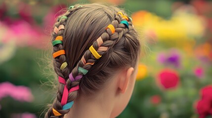 Naklejka premium A girl braided hairstyle with multiple rubber bands in vibrant colors securing each section, against a backdrop of flowers in a garden.