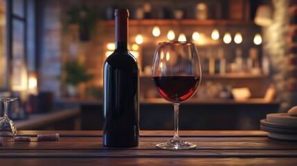 A glass bottle filled with red wine, standing on a wooden bar counter, with blurred wine glasses and a cozy ambiance in the background.