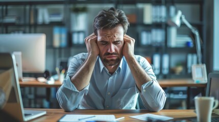 A close-up of a worker's hands gripping their head in frustration.