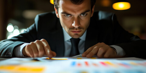 Focused Financier: A serious man in a suit, intently studying financial spreadsheets.