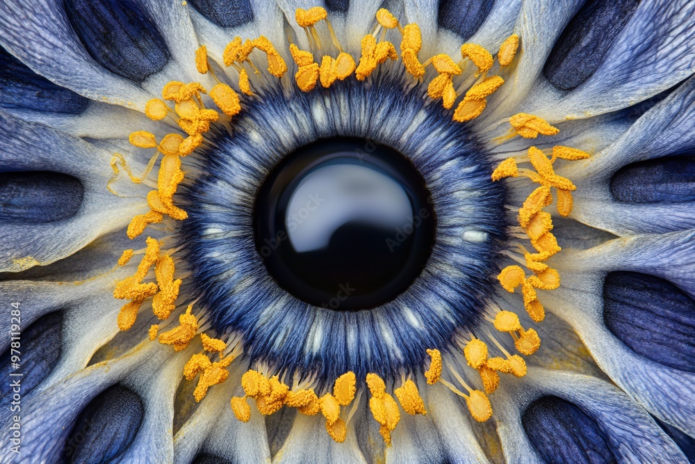 Poster extreme macro shot of a human iris with intricate blue black and yellow textures symbolizing the com