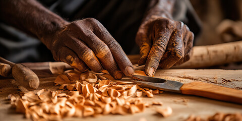 Hands-On Craftsman: Close-up of a skilled artisan carefully carving wood with precise tools.