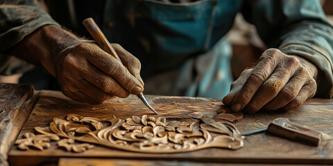 Hands-On Craftsman: Close-up of a skilled artisan carefully carving wood with precise tools.