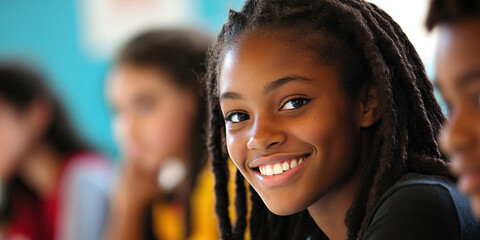 Dedicated Educator: A warm smile on a teacher's face as they explain a complex concept to a group of attentive students.