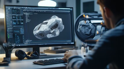 A graphic artist editing a complex 3D model in rendering software, with a futuristic design in progress.